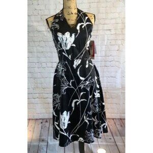 NWT Clues Dress Floral Halter Knee Length Black White Floral Print Size 8